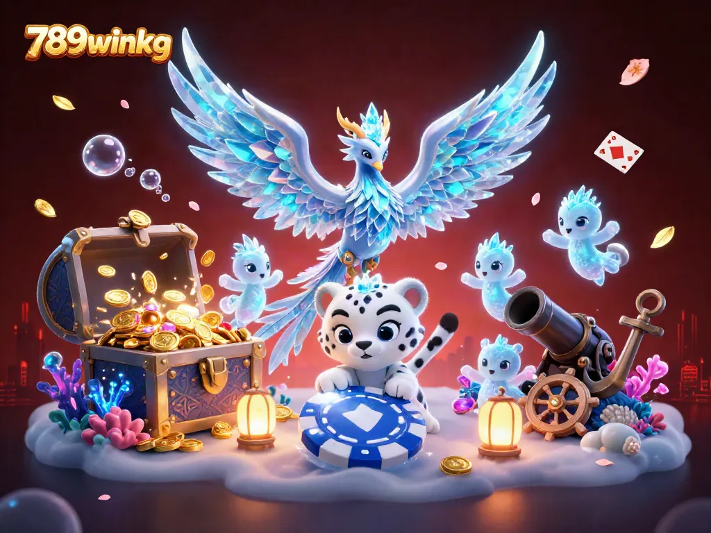 Engage with vibrant 789winkg casino action, featuring an ice phoenix and playful characters in a rich 3D environment.