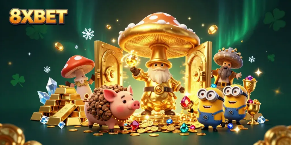 Explore wins with 8XBET in an ultra-detailed casino-inspired magical scene filled with treasures.