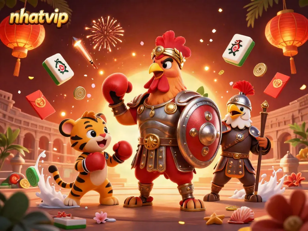 Nhatvip engages players with vibrant 3D visuals of a rooster and tiger in an action-packed gaming arena.