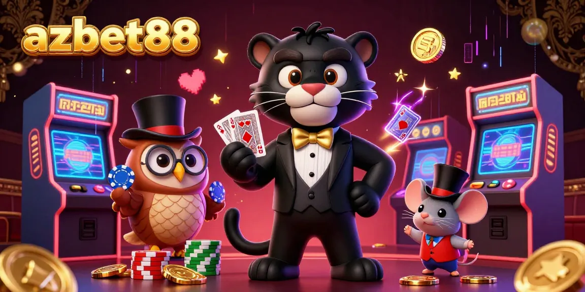 azbet88 showcases a stylish black panther dealing cards with vibrant game elements around, perfect for online gambling.