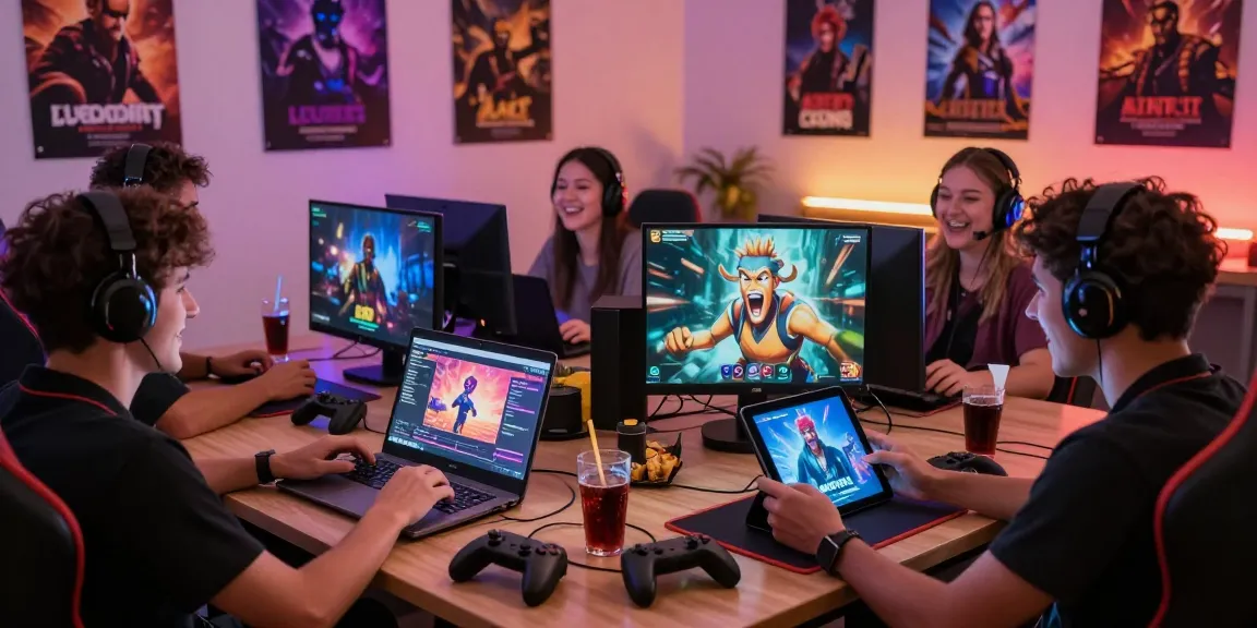 Adult gamers enjoying lewdspot games on various devices, in a vibrant gaming room atmosphere.