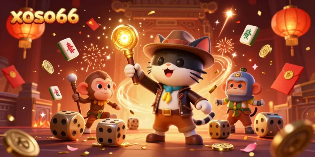 Explore the thrilling world of xoso66 with an adventurer cat uncovering casino treasures amidst vibrant game elements.