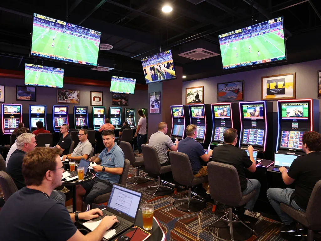 Engaged bettors analyzing odds in a vibrant sports betting lounge showcasing kèo nhà cái excitement