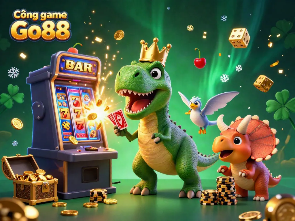 Cổng game Go88 showcases a playful 3D T-Rex shuffling cards in a lively casino scene filled with exciting game elements.
