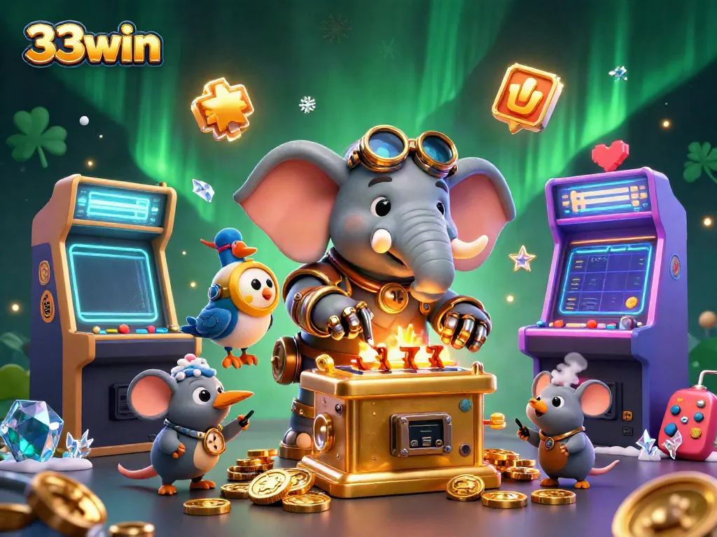 33win steampunk elephant operates a golden slot machine amidst colorful arcade games in a vibrant casino setting.