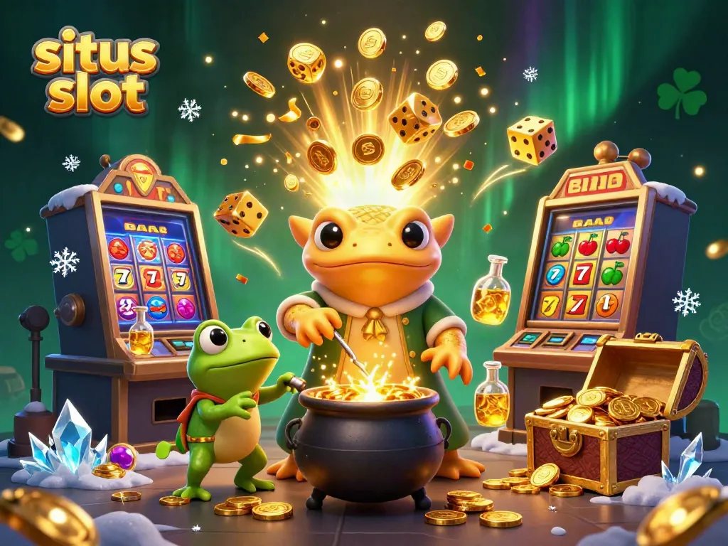 Engage with situs slot through a whimsical scene of alchemy and gaming excitement, featuring a golden salamander.