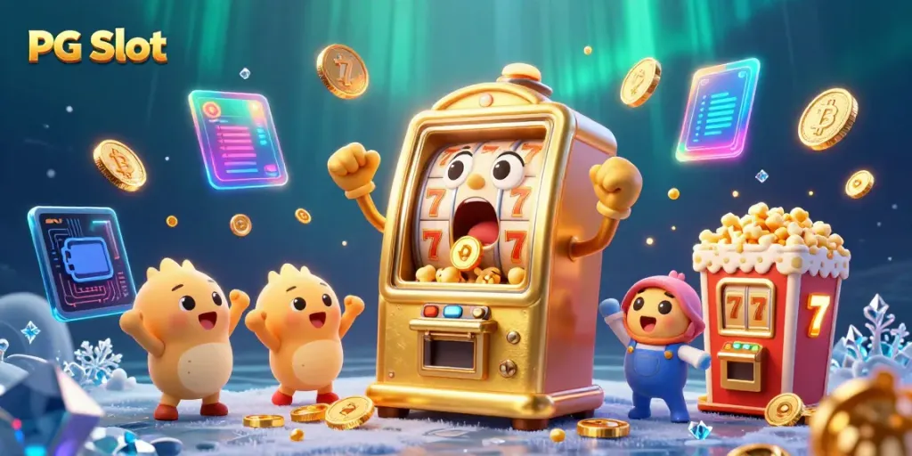 Exciting PG Slot animation with a cartoon slot machine hitting jackpot surrounded by golden coins.