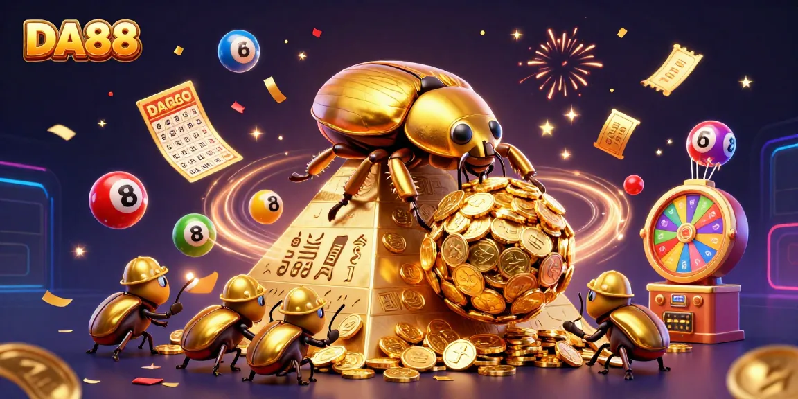 Experience thrilling wins with DA88 in a vibrant, action-packed casino scene featuring golden coins and lottery elements.