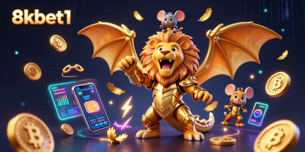 Play thrilling games at 8xbet1 with a roaring chimera and vibrant crypto symbols.