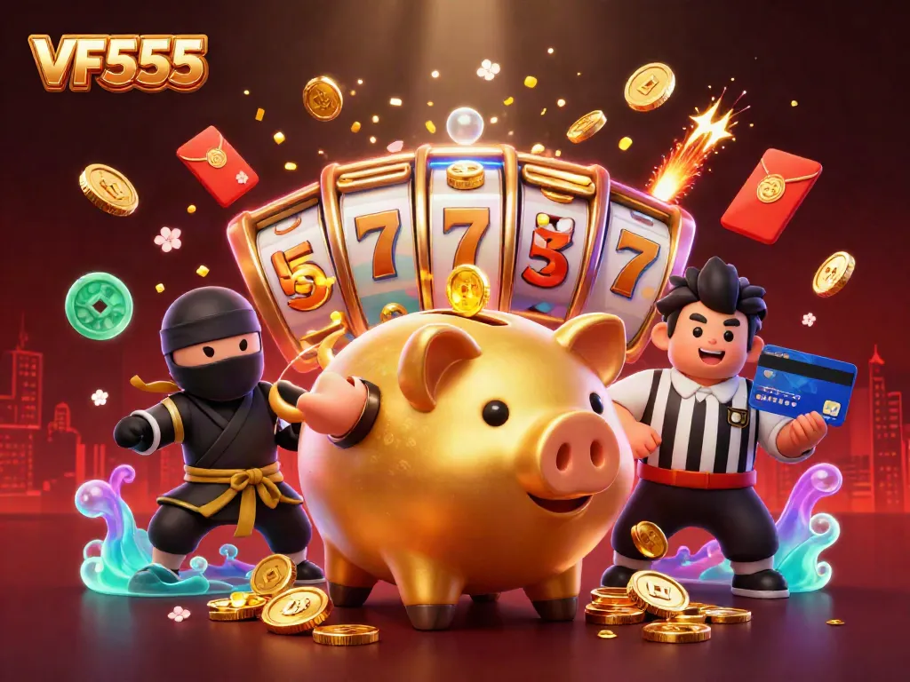 Experience VF555 gaming action with vibrant characters and slot machines in a dynamic casino scene.
