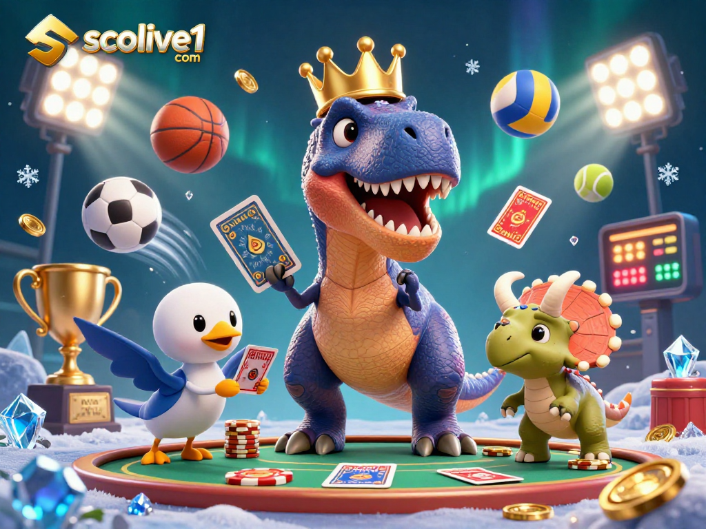 Engage with exciting sports betting action on socolive1 com, featuring T-Rex, pterodactyl, and triceratops in a dynamic casino scene.