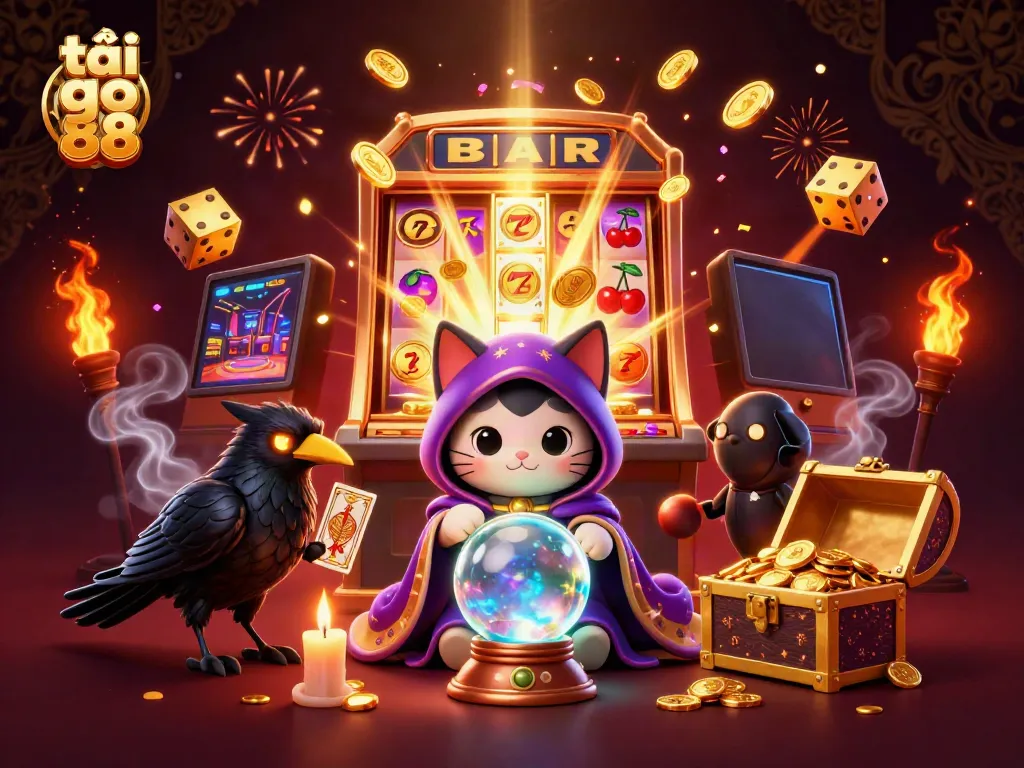 Join the action with tải go 88 as a mystical fortune teller cat and a glowing-eyed raven unveil the casino's winning secrets.