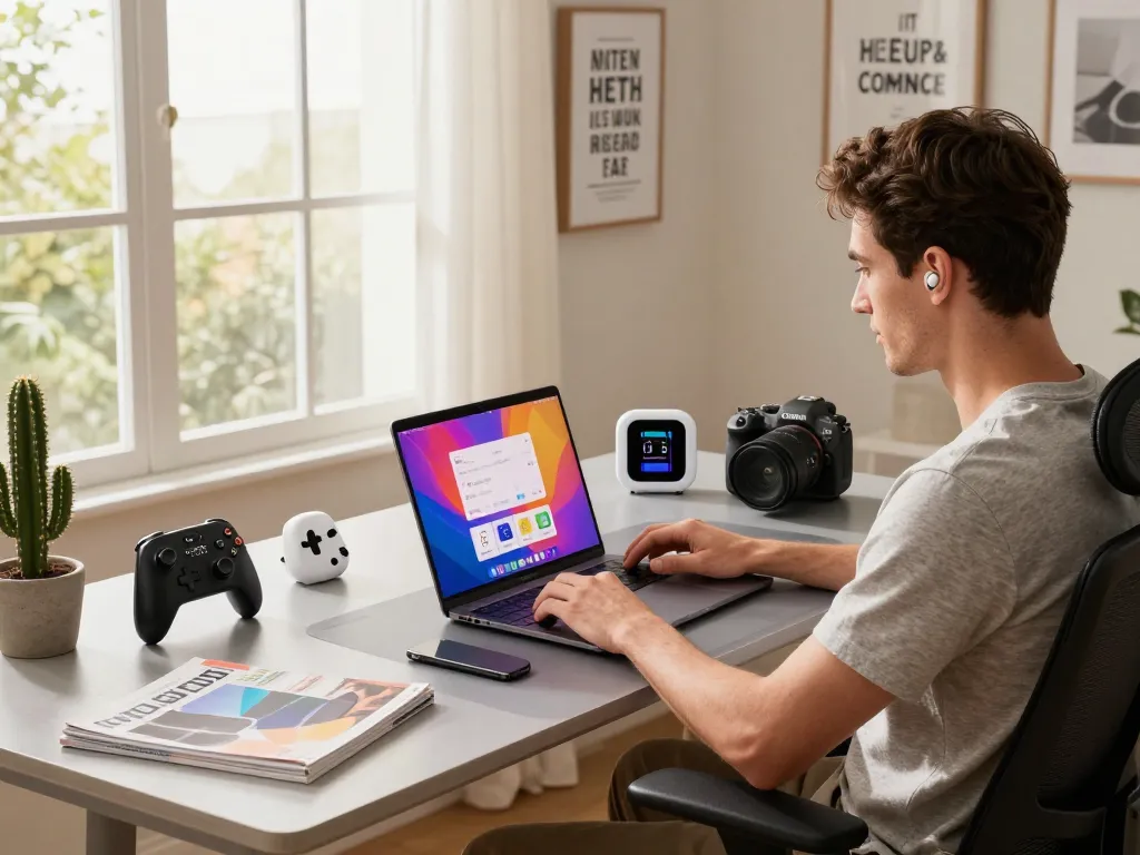 Smart tech gadgets like the Chef iQ Sense and 8BitDo Ultimate 2 controller in a stylish home office setting.