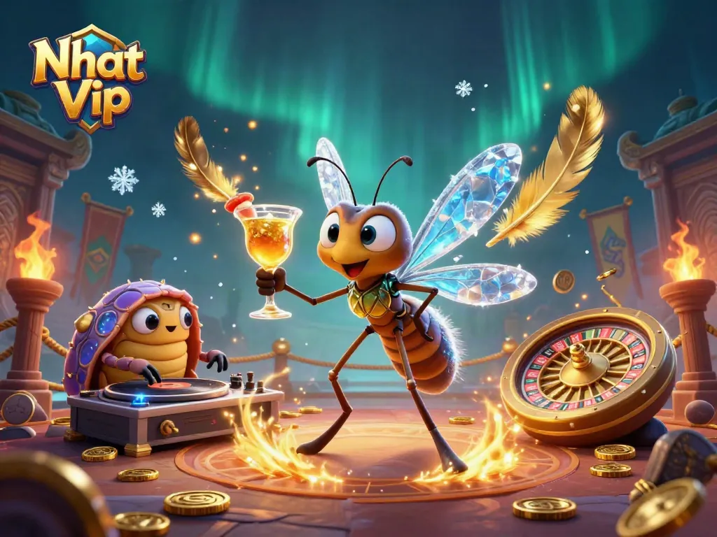 Nhat Vip casino scene featuring vibrant characters, golden elements, and a dynamic atmosphere