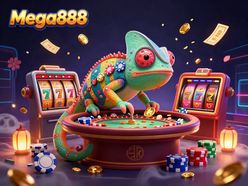 Experience Mega888 excitement with a chameleon casino owner and dynamic slot game elements.
