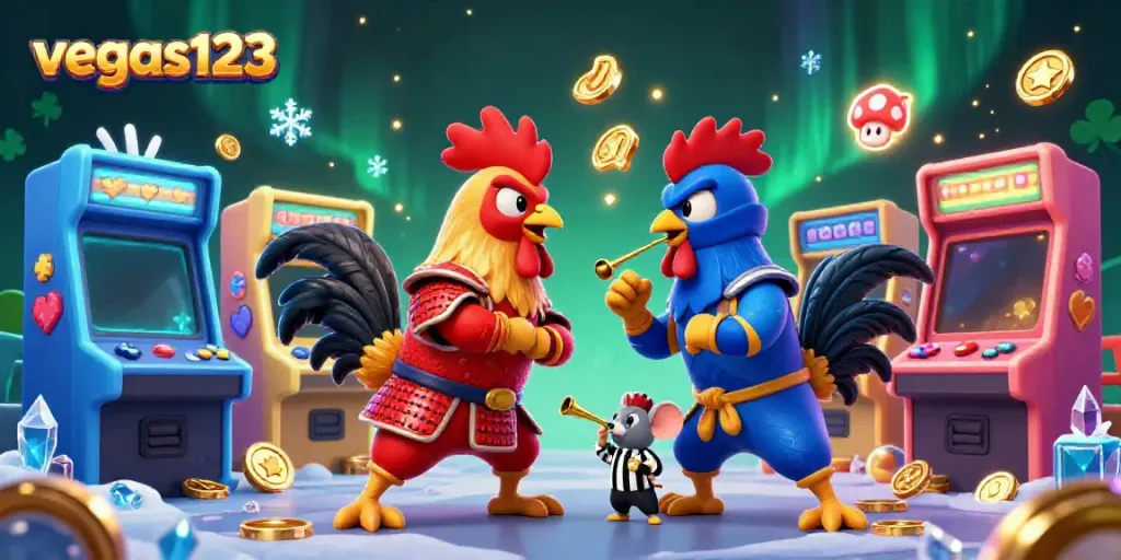 Vegas123 menyajikan duel ayam kartun di arena kasino dengan mesin arcade berwarna-warni dan efek koin emas.