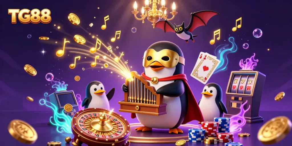 Experience thrilling gameplay at TG88 with dynamic scenes featuring a penguin organist and casino elements.