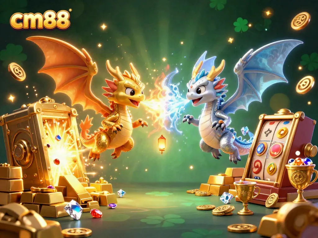 Experience the thrill of winning at cm88 with iconic dragons, gold treasures, and vibrant casino elements.