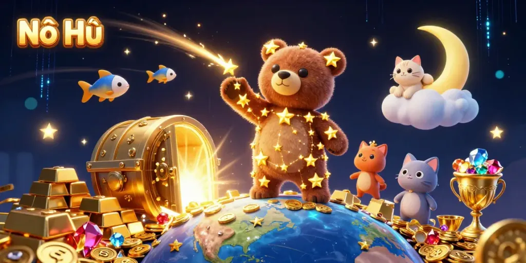 Experience Nổ Hũ excitement by winning big with dazzling treasure in this animated illustration.