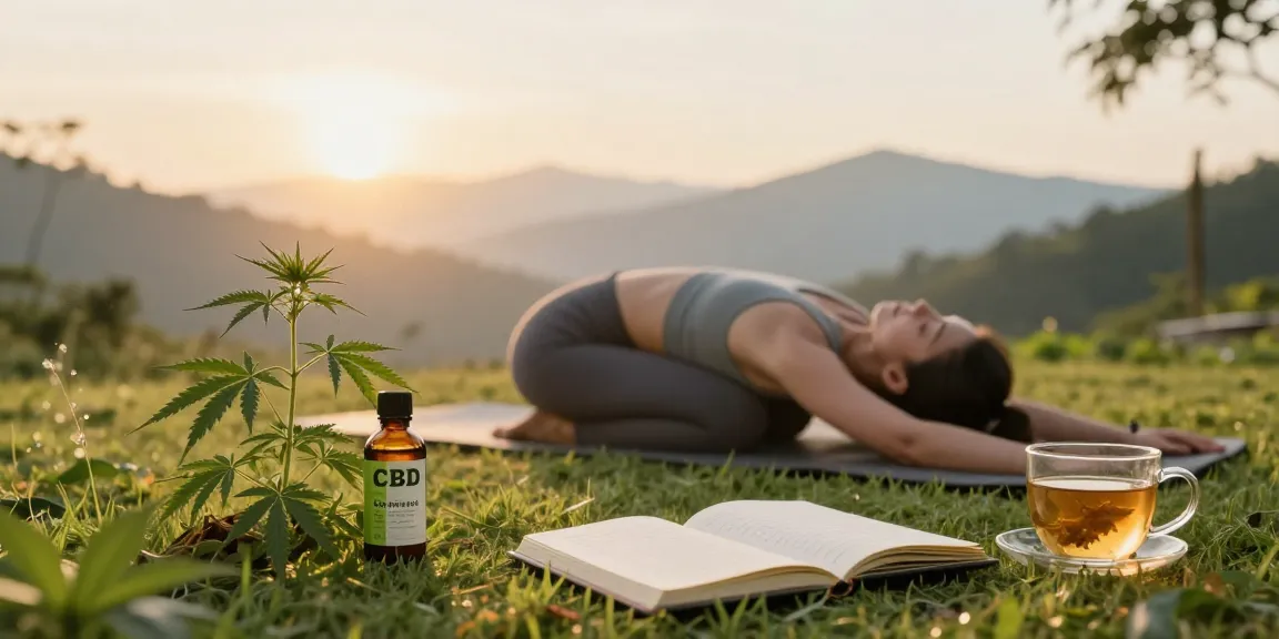 Ministry seeds CBD oil bottle next to a yoga mat outdoors, symbolizing natural wellness.