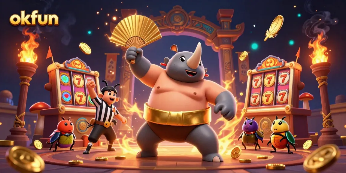 Experience the thrilling action of okfun's casino atmosphere with a sumo beetle champion and golden slot elements.