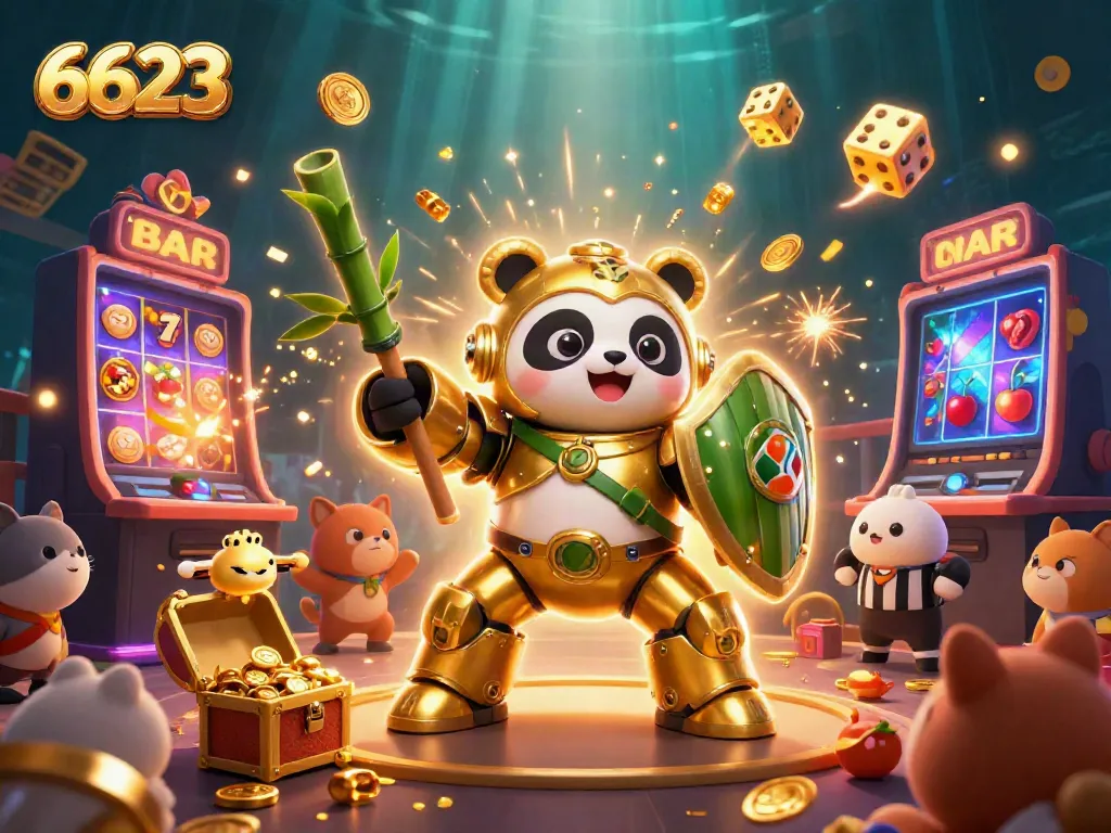 Experience the vibrant excitement of 6623 with a golden panda in a dynamic casino scene filled with game elements.