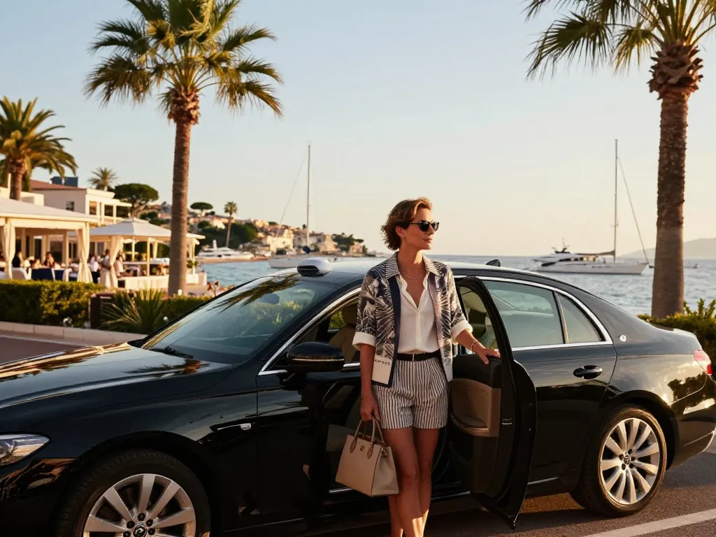 Scène de Taxi St Tropez mettant en avant un voyageur de luxe arrivant avec style à un emplacement en bord de mer, tenue élégante et magnifique toile de fond méditerranéenne.