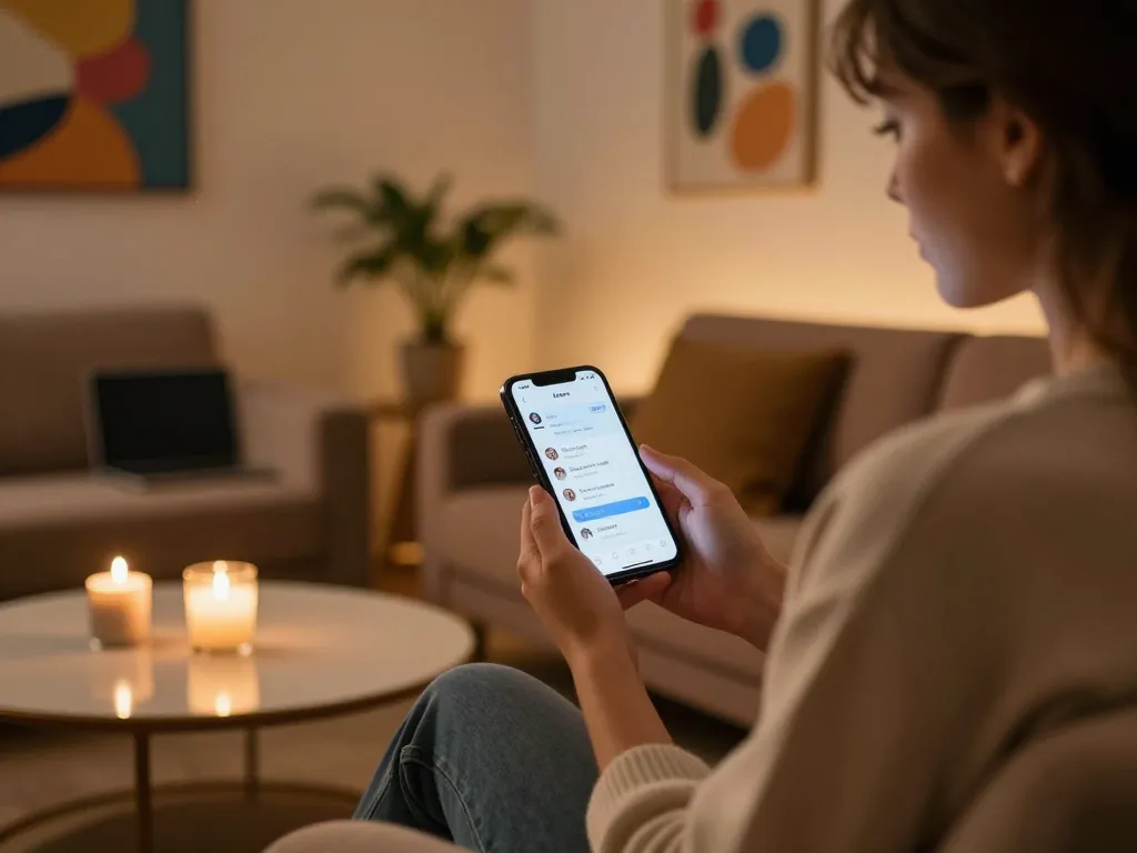Engaging in free ai sex chat from a cozy lounge, highlighting modern technology and intimacy.