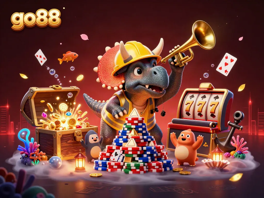 Win big with go88's exciting casino theme featuring a cheerful scene of animated dinosaurs celebrating.