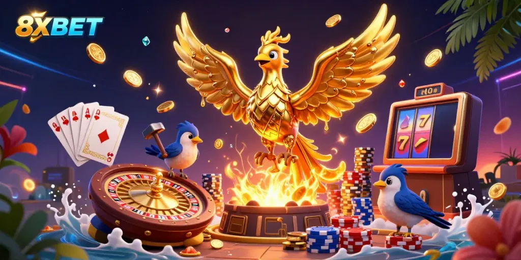 Experience thrilling gameplay with 8XBET's vibrant illustration of a golden phoenix amidst cascading coins.