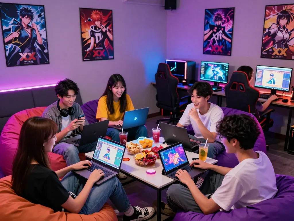 Engaged friends enjoying xxx games together in a vibrant gaming lounge.