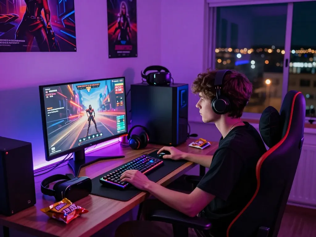 Engaging scene of a young adult playing game sex on a colorful gaming setup.
