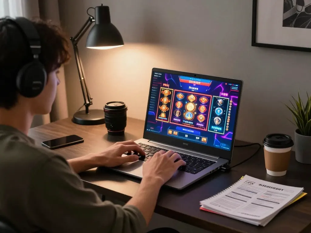 Engaging moment of online slot pulsa gameplay on a laptop in a cozy home setup.