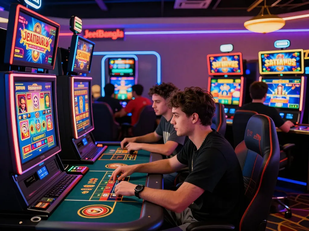 JeetBangla players engaged in exciting online casino games under neon lights.