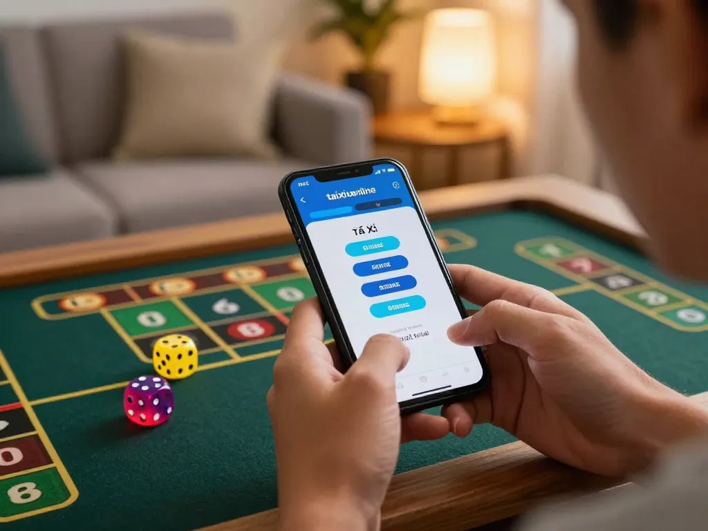 Engaging gameplay with taixiuonline app, showcasing dice and mobile gaming in a cozy home setting.