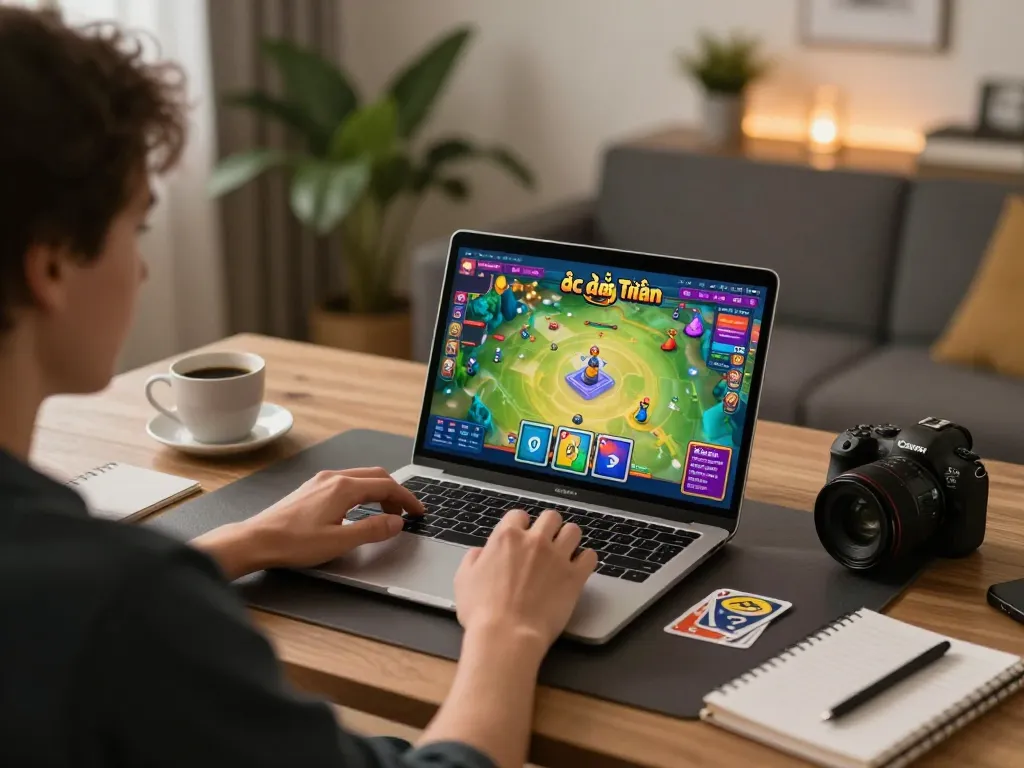 Engaging in game bài đổi thưởng on a sleek laptop at home, showcasing strategic gaming environment
