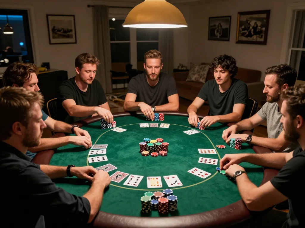 Players enjoying a poker game at home, showcasing an engaging ee88 atmosphere with colorful chips.