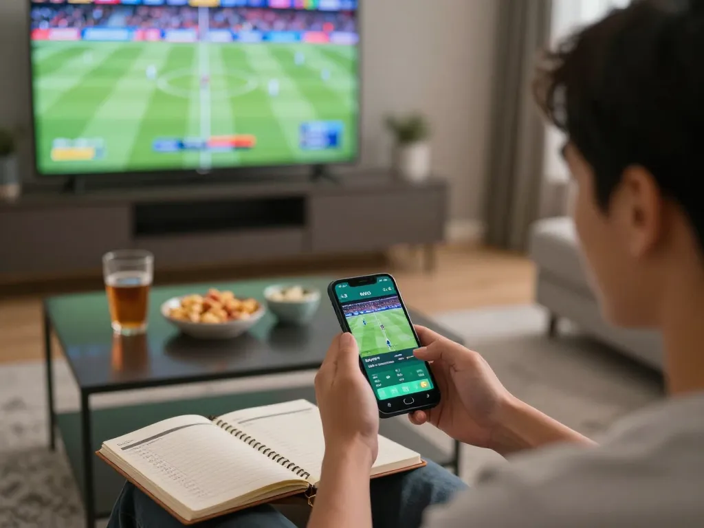 Betting on 888b with smartphone during a live sports event in a cozy home setting