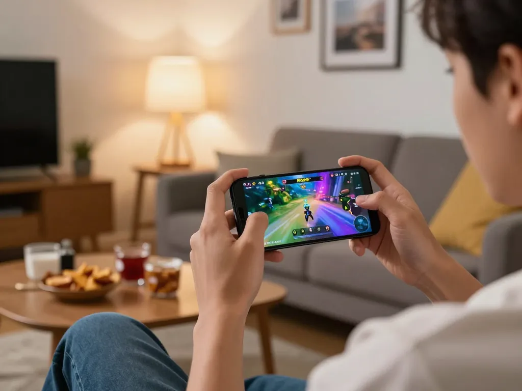 Rasakan keseruan mobile gaming ROKOK88 dengan seorang pemain yang tenggelam dalam permainan yang penuh warna di rumah.