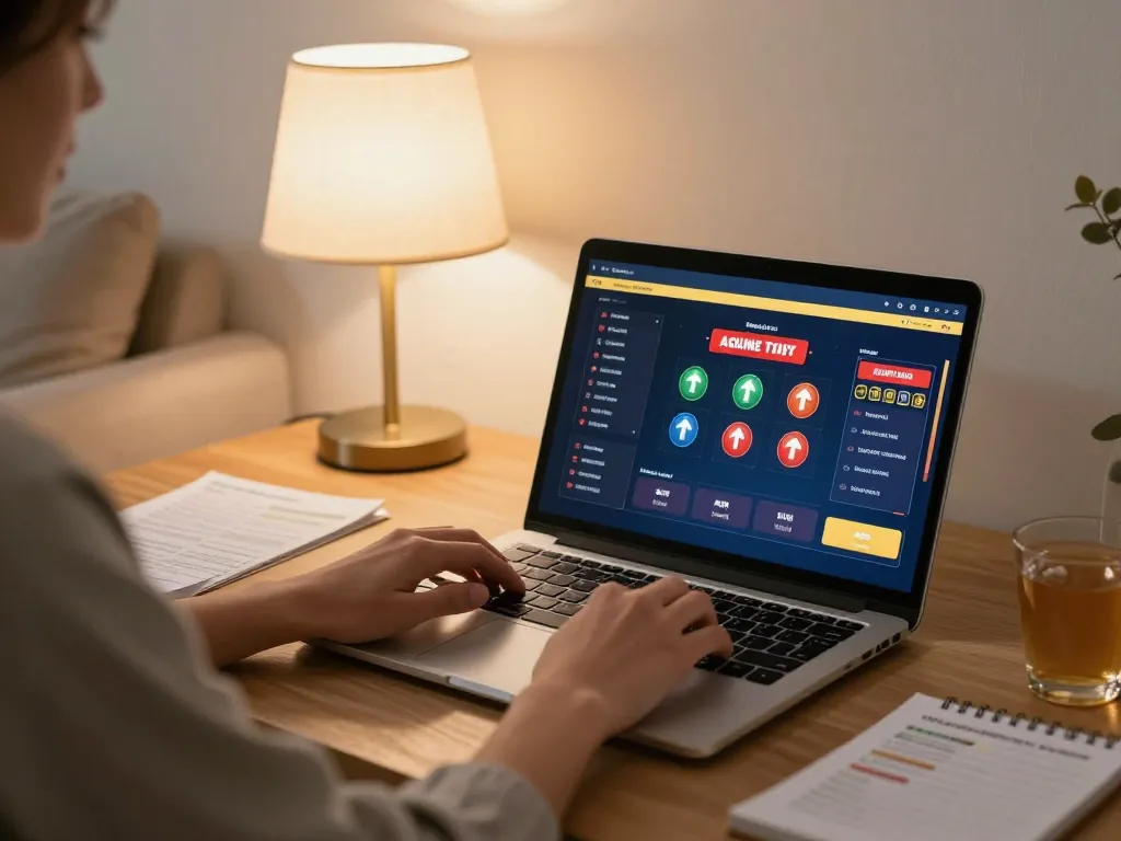 Player enjoying online gambling on OKFUN, strategizing with notes in cozy home setting