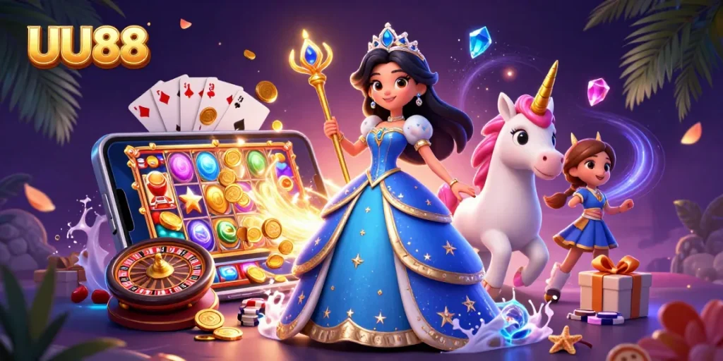 UU88 showcases an exciting online gaming scene with vibrant slot games and a magical atmosphere.