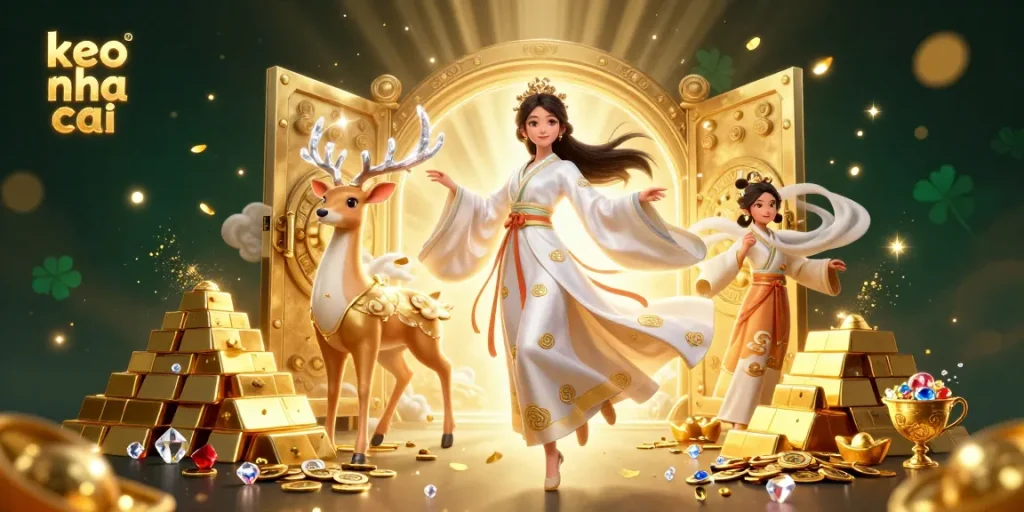 Engage with keo nha cai as beautiful Asian woman in hanfu floats among golden treasures and casino elements.