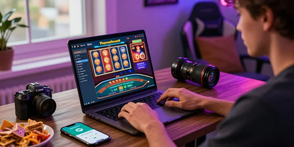 Spieler erlebt spannende Spiele in einem Paysafe Card Casino, Laptop und Paysafecard-App angezeigt, lebendige Beleuchtung.