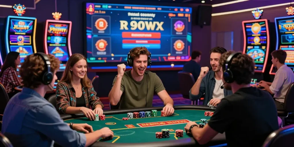 Giocatori entusiasti che si divertono nei casinò non aams in un vivace casinò online con grafiche colorate e giochi interattivi