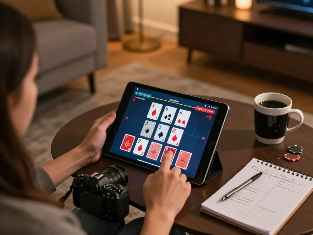 Engaged player enjoying hwg500 live Blackjack on tablet at home, showcasing a cozy gaming experience
