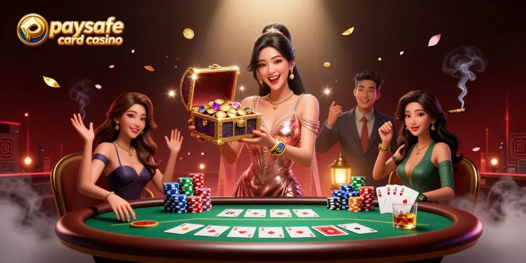 Erleben Sie den Nervenkitzel des Paysafe Card Casinos mit lebhaften Illustrationen einer fröhlichen Frau, die in einer aufregenden Glücksspielszene einen Schatz enthüllt.