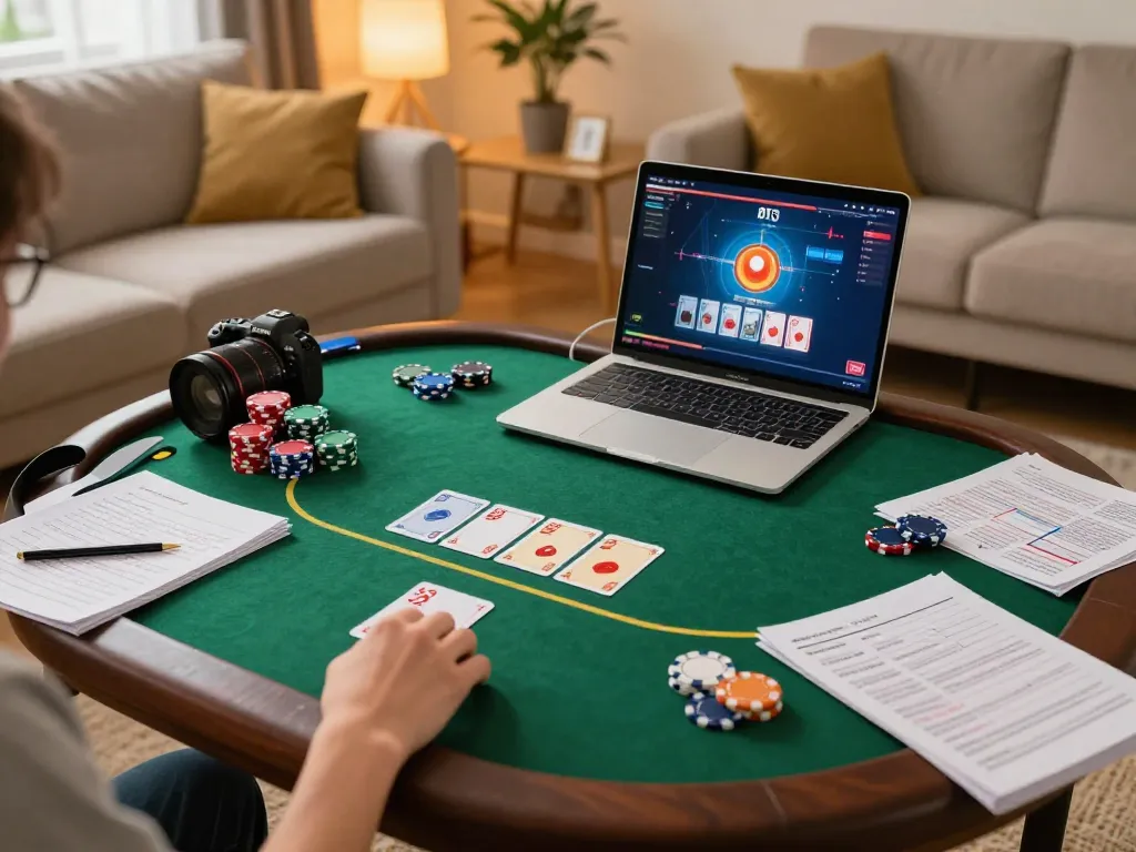 Engaging online poker player in cozy home as KJC gaming unfolds