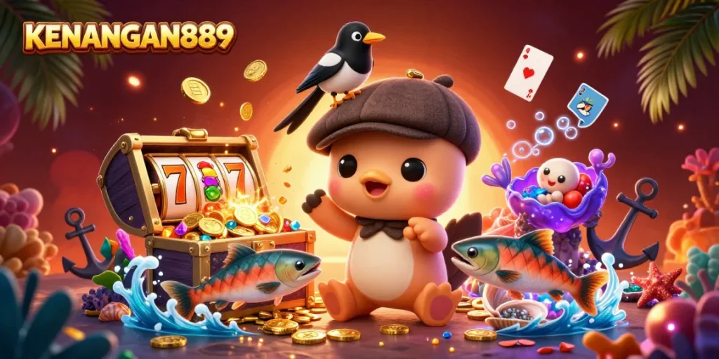 Spin and win at KENANGAN889 with enchanting characters and jackpot excitement amidst vibrant casino elements.