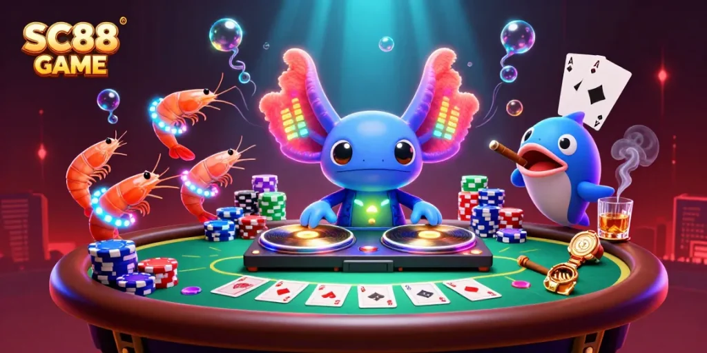 Engage with SC88 GAME at a vibrant digital casino scene featuring axolotl DJ and shrimp dancers.