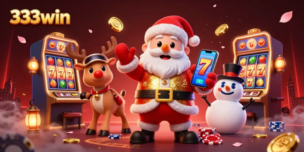 Spin and celebrate with 333win's cheerful Santa Claus at a dynamic casino scene full of excitement.